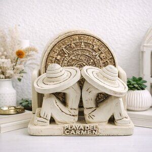 Playa Del Carmen Mayan Style Ceramic Coaster Set With Sombrero Figurines & Aztec